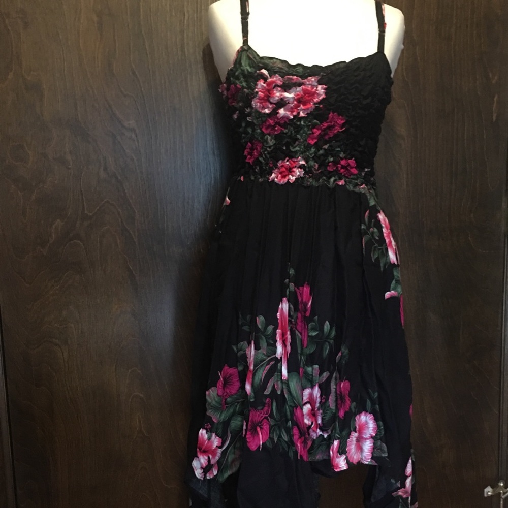 Asymmetric black pink hibiscus dress
